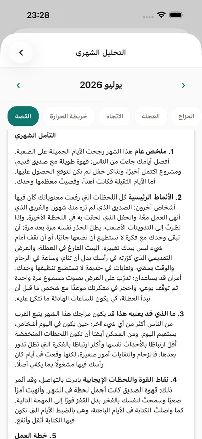 ملخّص شهري في BrightLog — قصة الشهر بلغة بسيطة: المزاج والأنماط واقتراح واحد