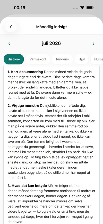 En månedsindsigt i BrightLog — månedens historie i almindeligt sprog: humør, mønstre og ét forslag
