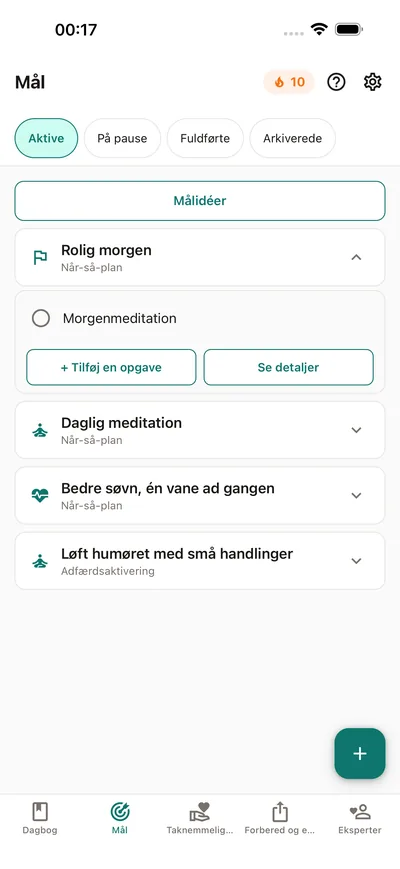 Mål i BrightLog — opgaver med hver deres rytme, sat flueben ved dag for dag, med stimer der kan beskyttes