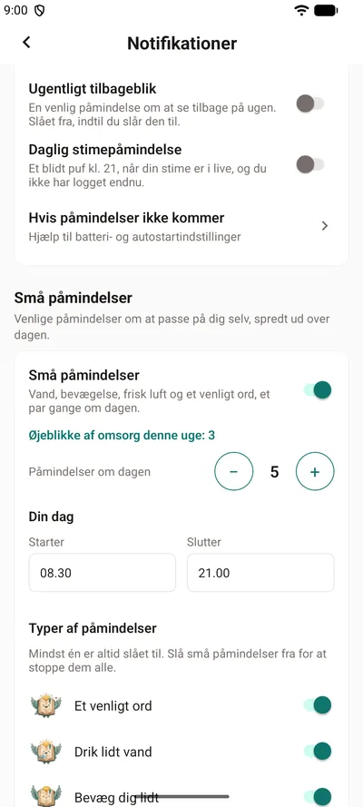 Små påmindelser i BrightLogs indstillinger – kontakten, ugens øjeblikke af omsorg, hvor mange påmindelser om dagen og timerne i din dag