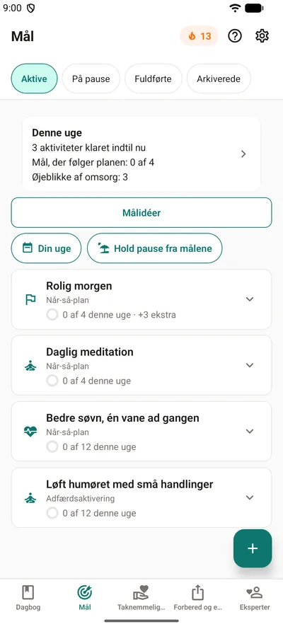 Fanen Mål i BrightLog – feltet »Denne uge« med aktiviteter, du har klaret, mål, der følger planen, og øjeblikke af omsorg, over fire mål med hver sin ring