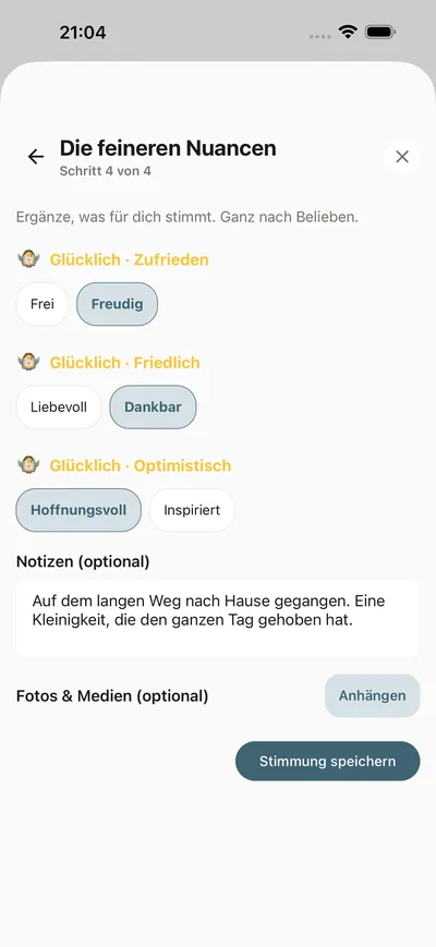 Eine Stimmung im Check-in von BrightLog festhalten — ein Level, ein benanntes Gefühl und eine optionale Zeile Kontext in wenigen Tipps