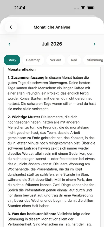 Ein Monats-Insight in BrightLog — die Geschichte des Monats in Alltagssprache: Stimmungen, Muster und ein Vorschlag