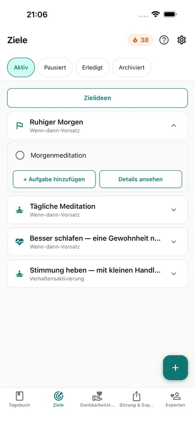 Ziele in BrightLog — Aufgaben mit eigenem Rhythmus, abgehakt mit Serien, die sich schützen lassen