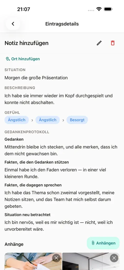 Ein geführtes Gedankenprotokoll im BrightLog-Tagebuch — Situation, Gedanke und ein fairerer zweiter Blick
