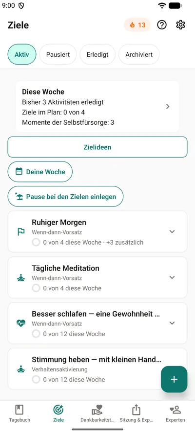 Der Bereich Ziele in BrightLog: die Leiste „Diese Woche“ mit erledigten Aktivitäten, Zielen im Plan und Momenten der Selbstfürsorge über vier Zielen mit ihren Ringen