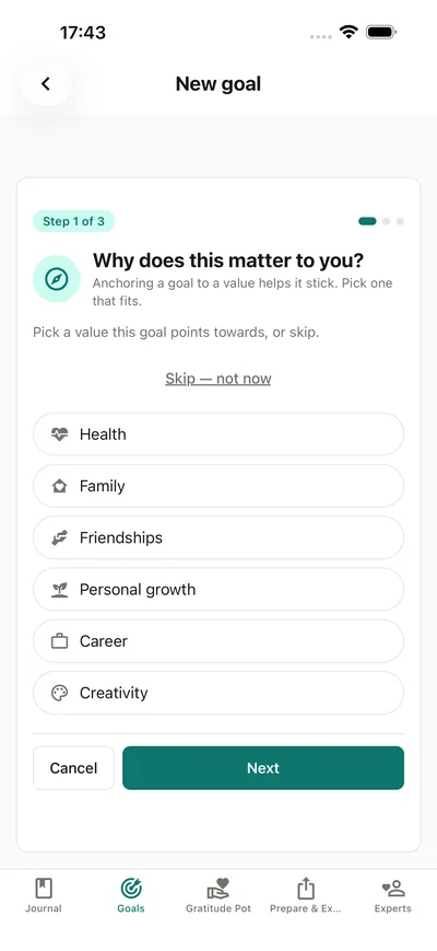 BrightLog's goal wizard asking why the goal matters — pick a value like health, family or growth before naming the goal