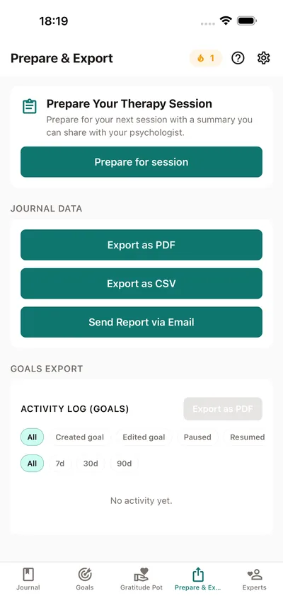 BrightLog's Prepare & Export tab — prepare a therapy session summary to share with your psychologist, plus PDF and CSV export