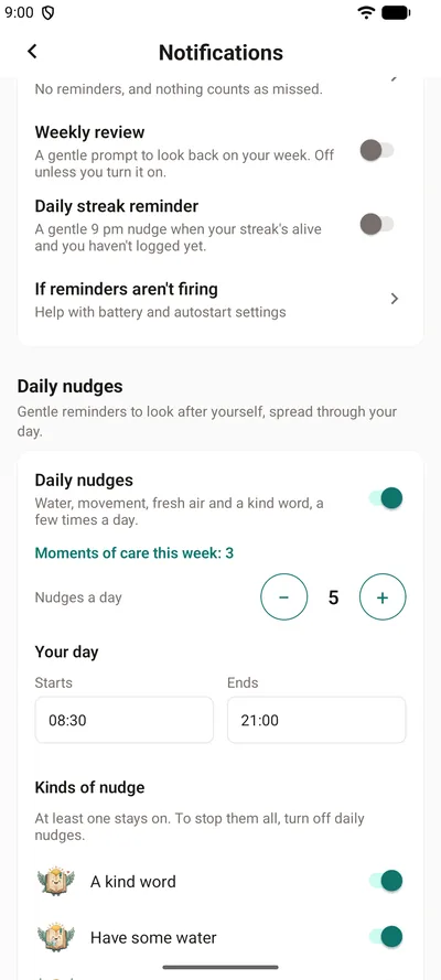 The Daily nudges settings in BrightLog — the switch, this week’s moments of care, how many nudges a day and the hours of your day