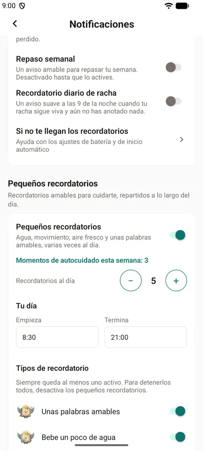 Los Pequeños recordatorios en los Ajustes de BrightLog: el interruptor, los momentos de autocuidado de esta semana, cuántos recordatorios al día y las horas de tu día