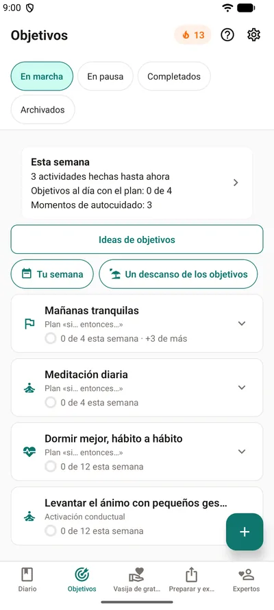 La pestaña Objetivos de BrightLog: la franja «Esta semana» con las actividades hechas, los objetivos al día y los momentos de autocuidado, sobre cuatro objetivos con sus anillos
