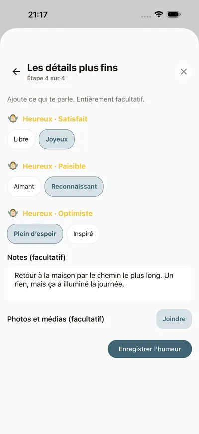 Noter une humeur dans le check-in de BrightLog — un niveau, une émotion nommée et une ligne de contexte facultative en quelques touches