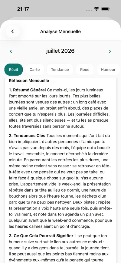 Un bilan mensuel dans BrightLog — l'histoire du mois en langage clair : humeurs, schémas et une suggestion
