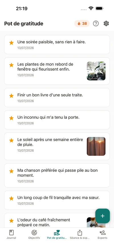Le Pot de gratitude de BrightLog — de petites entrées rassemblées au même endroit dans le journal privé