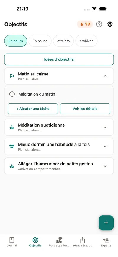 Les objectifs dans BrightLog — des tâches avec leur propre rythme, cochées jour après jour, avec des séries que l'on peut protéger