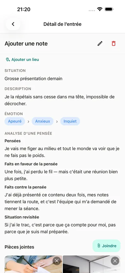 Une analyse de pensée guidée dans le journal BrightLog — situation, pensée et un second regard plus juste