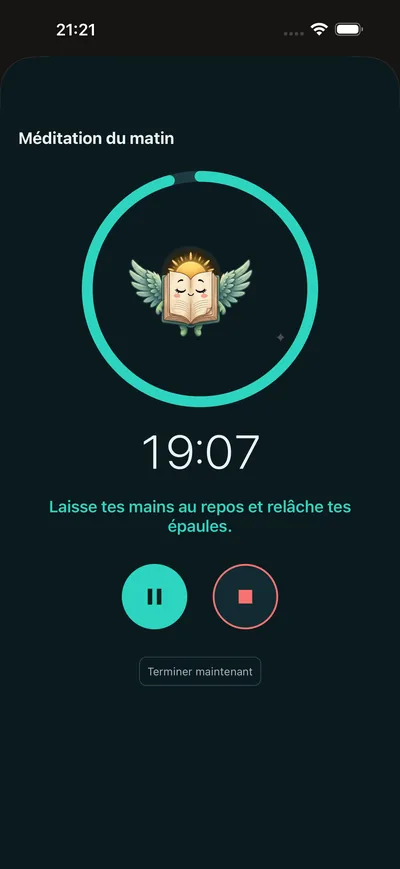 Une séance de méditation guidée en cours dans BrightLog — écran sombre, minuteur et consignes douces