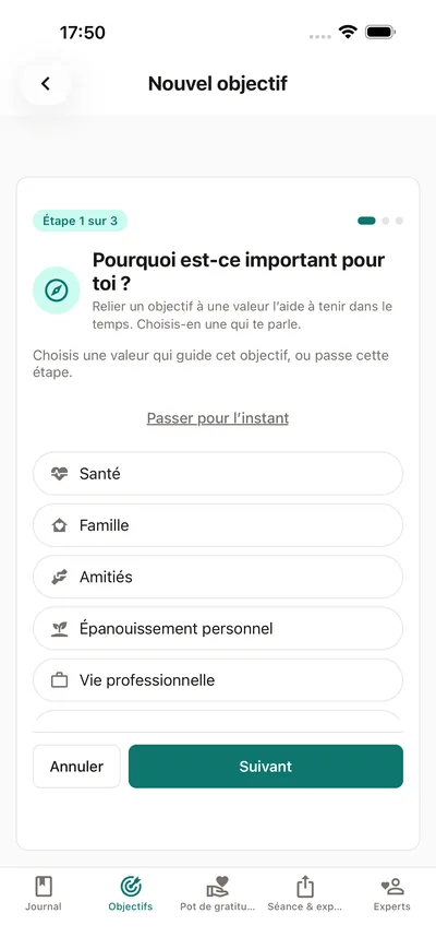 L'assistant d'objectifs de BrightLog demande pourquoi l'objectif compte — choisis une valeur comme la santé, la famille ou l'épanouissement personnel avant de le nommer