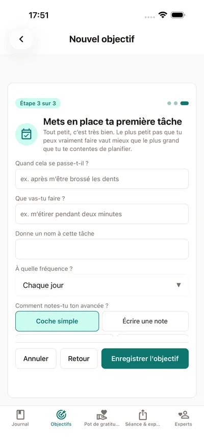 Créer une tâche dans BrightLog : un plan « si… alors… », un rythme et la façon d'enregistrer les progrès — avec le rappel intégré que tout petit, c'est très bien