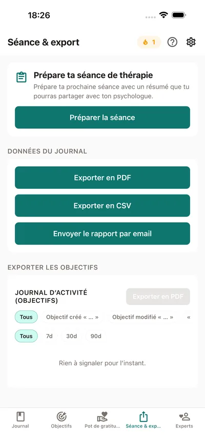 L'onglet Séance & export de BrightLog — préparer un résumé de séance à partager avec son psychologue, plus export PDF et CSV