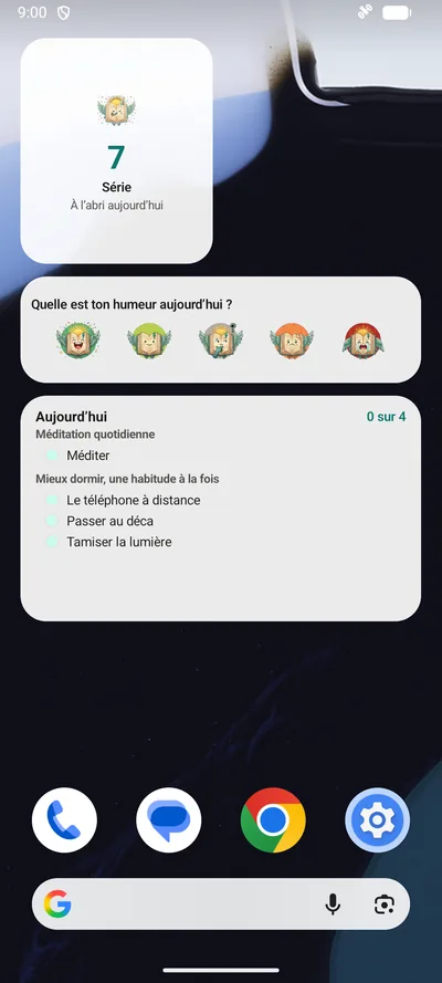 Un écran d'accueil avec les trois widgets BrightLog : une série de 7 jours, les cinq visages d'humeur et les tâches du jour groupées par objectif