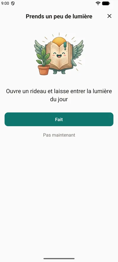 Un petit rappel dans BrightLog — «&nbsp;Prends un peu de lumière&nbsp;», avec la mascotte à côté d’une plante en pot et une phrase bienveillante