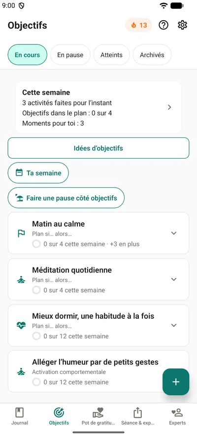 L’onglet Objectifs de BrightLog — le bandeau « Cette semaine » avec les activités faites, les objectifs dans le plan et les moments pour toi, au-dessus de quatre objectifs et de leurs anneaux