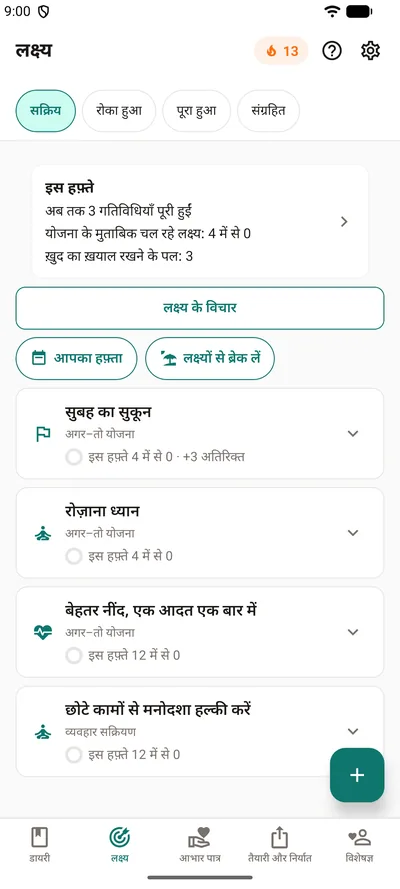 BrightLog का लक्ष्य टैब — “इस हफ़्ते” की पट्टी में पूरी हुई गतिविधियाँ, योजना के मुताबिक़ चल रहे लक्ष्य और ख़ुद का ख़याल रखने के पल, नीचे चार लक्ष्य अपनी-अपनी रिंग के साथ