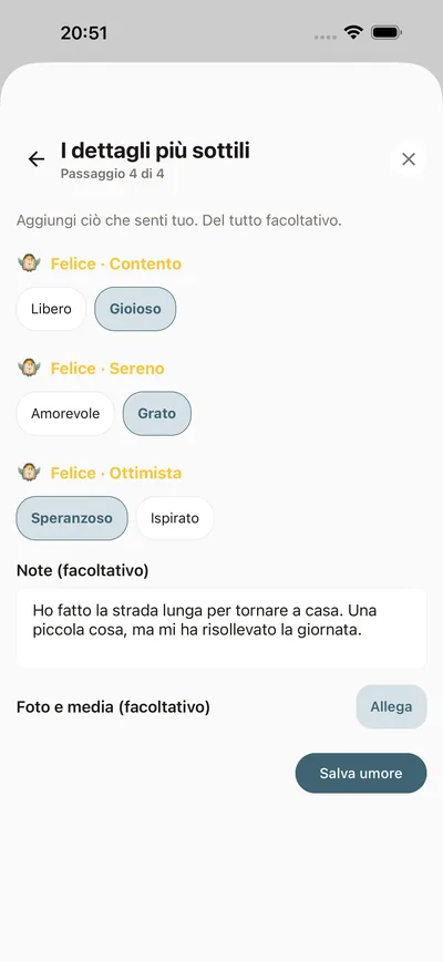 Il check-in quotidiano dell'umore in BrightLog — una voce in due tocchi che sta comoda dentro la regola dei due minuti