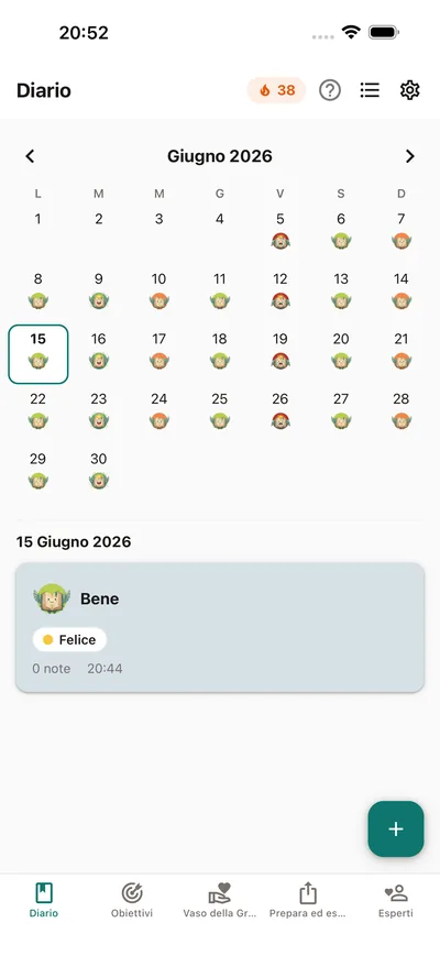 Un mese di umori a colpo d'occhio nella vista calendario di BrightLog — cicli, compagni di viaggio e deriva diventano visibili