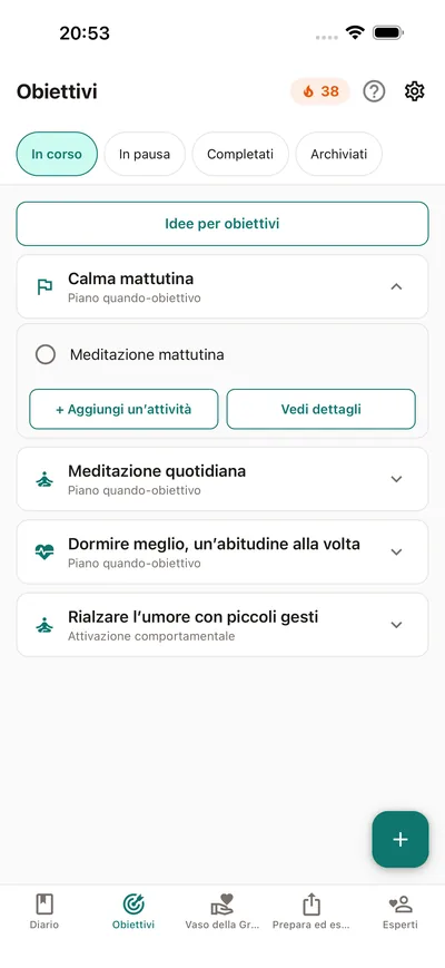 Gli obiettivi in BrightLog — attività con la propria cadenza, spuntate giorno per giorno, con serie che si possono proteggere