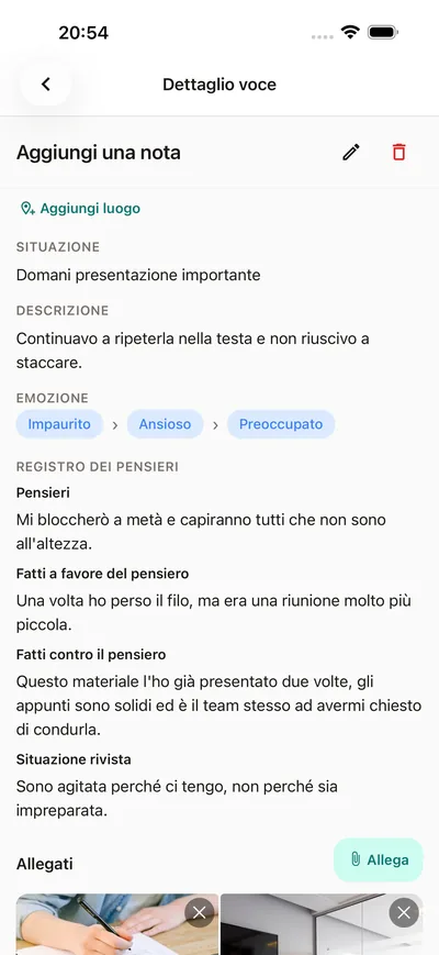 Un registro dei pensieri guidato dentro il diario BrightLog — situazione, pensiero e una seconda lettura più equa