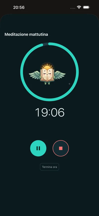 Una sessione di meditazione guidata in corso in BrightLog — schermo scuro, timer e indicazioni delicate