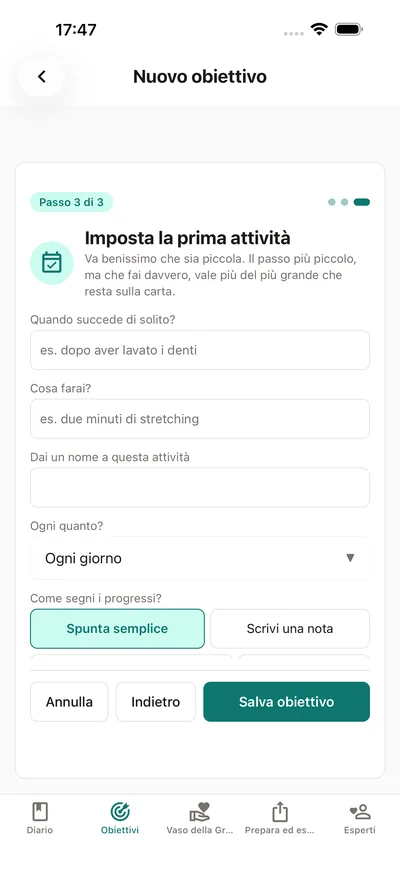 Configurare un'attività in BrightLog: un piano «quando–allora», una cadenza e il modo in cui registrare i progressi — con il promemoria che piccolo va benissimo