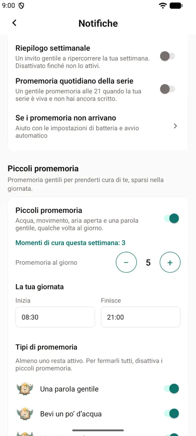 I Piccoli promemoria nelle impostazioni di BrightLog — l’interruttore, i momenti di cura di questa settimana, quanti promemoria al giorno e le ore della tua giornata