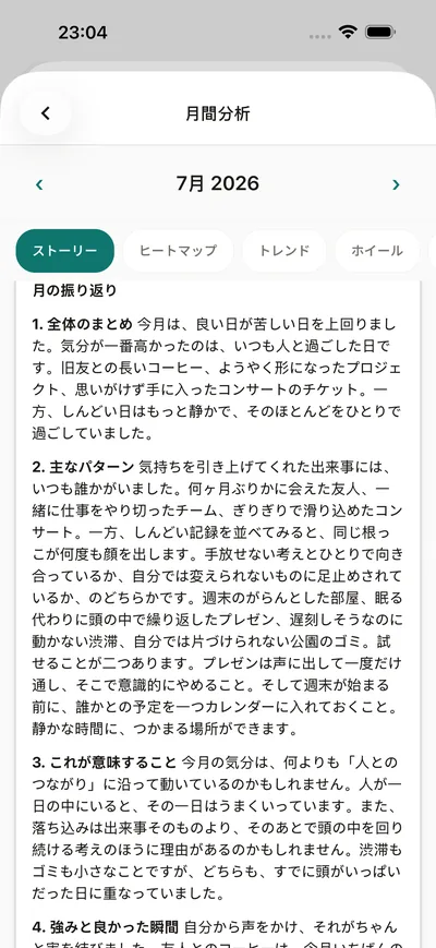 BrightLogの月間インサイト——ひと月の気分・パターン・提案ひとつを、やさしい言葉の物語で