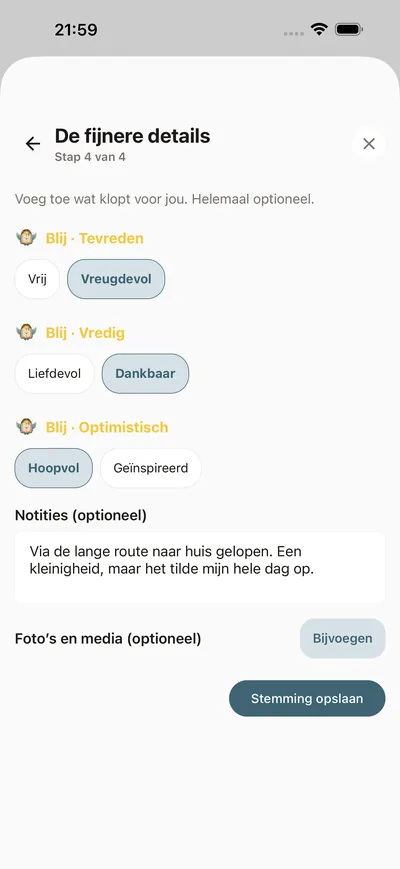 Een stemming vastleggen in de check-in van BrightLog — een niveau, een benoemd gevoel en een optionele regel context in een paar tikken