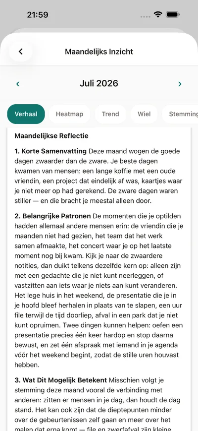 Een maandinzicht in BrightLog — het verhaal van de maand in gewone taal: stemmingen, patronen en één suggestie