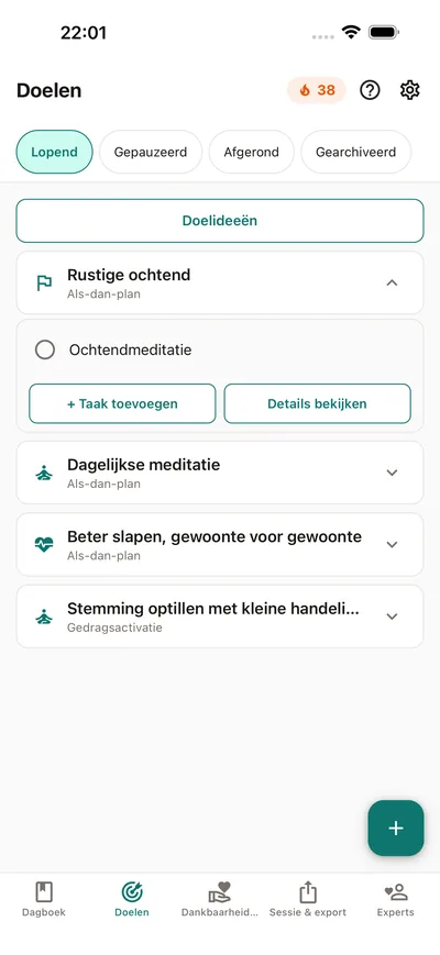 Doelen in BrightLog — taken met hun eigen ritme, dag na dag afgevinkt, met reeksen die je kunt beschermen