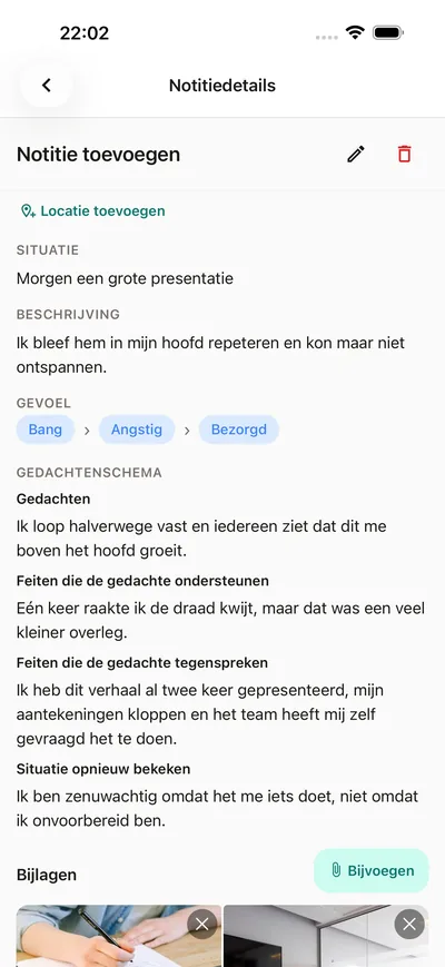 Een begeleid gedachtenschema in het BrightLog-dagboek — situatie, gedachte en een eerlijkere tweede blik