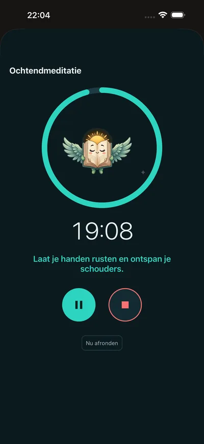 Een lopende begeleide meditatiesessie in BrightLog — donker scherm, timer en zachte aanwijzingen