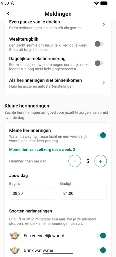 De instellingen van de Kleine herinneringen in BrightLog – de schakelaar, de momenten van zelfzorg van deze week, het aantal herinneringen per dag en de uren van jouw dag