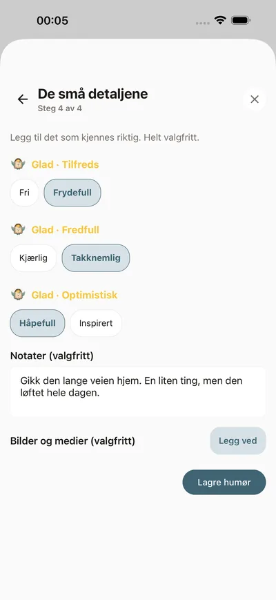 Å logge humøret i BrightLogs innsjekk — et nivå, en navngitt følelse og en valgfri linje kontekst med noen få trykk