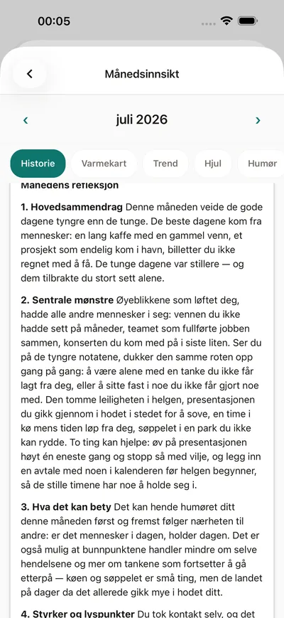 En månedsinnsikt i BrightLog — månedens historie i vanlig språk: humør, mønstre og ett forslag