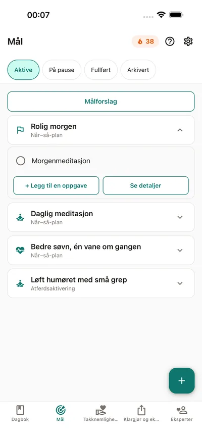 Mål i BrightLog — oppgaver med egne rytmer, krysset av dag for dag, med rekker som kan beskyttes