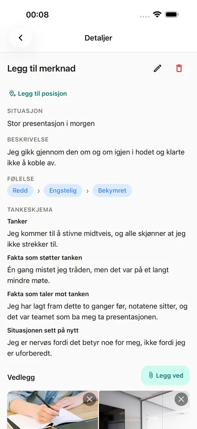 Et guidet tankeskjema i BrightLog-dagboken — situasjon, tanke og et rettferdigere andre blikk