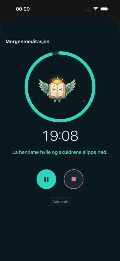 En pågående veiledet meditasjonsøkt i BrightLog — mørk skjerm, timer og milde påminnelser