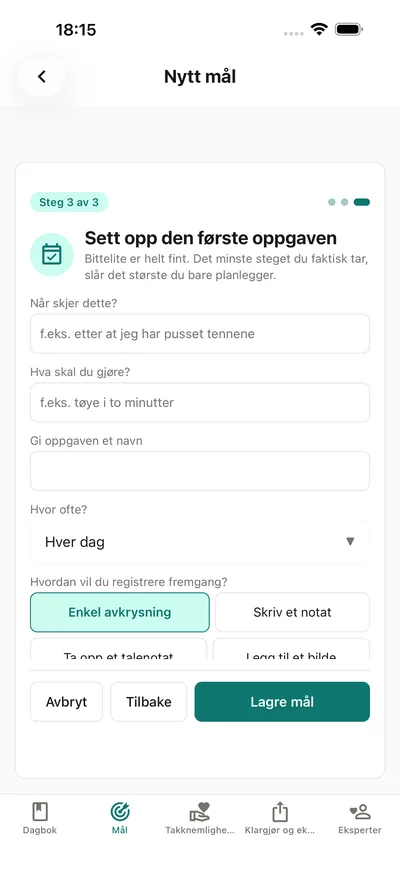 Sette opp en oppgave i BrightLog: en når–så-plan, en rytme og hvordan fremgangen føres — med den innebygde påminnelsen om at bittelite er helt fint