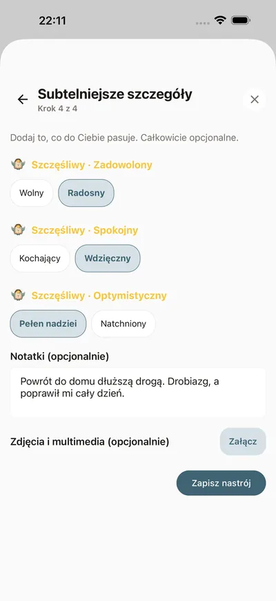 Zapisywanie nastroju w check-inie BrightLoga — poziom, nazwana emocja i opcjonalna linijka kontekstu w kilku dotknięciach