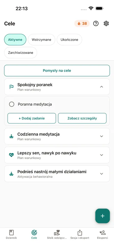 Cele w BrightLogu — zadania z własnym rytmem, odhaczane dzień po dniu, z seriami, które można chronić